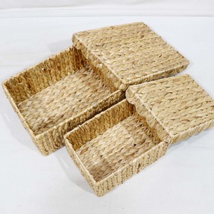 Eco-Friendly Woven Water Hyacinth Rustic <b>Rectangle</b> <b>Storage</b> <b>Basket</b> Set Lid for Home Neatening Organization Multifunction Use - Product Image 2