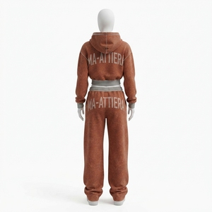 Conjunto de Sudadera Corta y Pantalones Jogger de Pierna Ancha para Mujer, Estilo Acid Wash Marrón Óxido, de Algodón y Felpa, Ropa Deportiva Urbana, OEM al por Mayor - Product Image 4