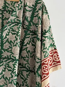 Elegante Vestido Kaftán de Algodón con Estampado Floral Verde, Cintura Ajustable, Estilo Bohemio, Holgado, Informal, para Mujer, Vestido de Verano - Product Image 4
