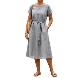 Robe d'été décontractée élégante pour femme, coupe ample, épaules tombantes, manches courtes, en lin, 100 % coton - Product Image 5