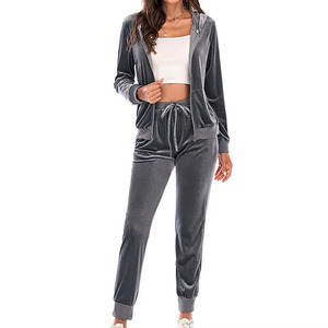 Women's Gray <b>Velour</b> Eco-friendly 100% Cotton <b>Tracksuit</b> Hooded Drawstring Full Sleeve Casual Jogger Pants Set Solid Color Winter - Product Image 3