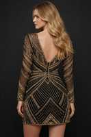 Robe de soirée courte de luxe en gros, à perles et coupe droite |   Robe de soirée cocktail écologique noire et or à broderies géométriques pour