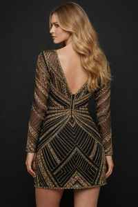 ชุดราตรีสั้นประดับลูกปัดหรูหราขายส่ง |   ชุดราตรีปักลายเรขาคณิตสีดำทองสำหรับผู้หญิง - Product Image 3