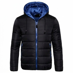 Veste matelassée à capuche unisexe bleu marine avec doublure blanche, coupe-vent, fermeture éclair, veste d'hiver coupe classique, manches longues, légère - Product Image 2