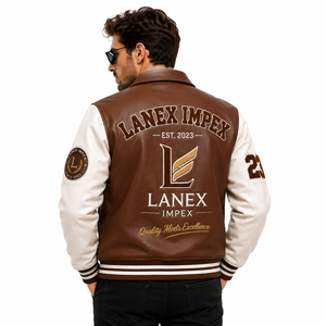 Custom Brown <b>White</b> Leather Varsity <b>Jacket</b> for <b>Men</b> Premium Letterman Bomber <b>Jacket</b> with Chenille Embroidered Patches OEM ODM - Product Image 4