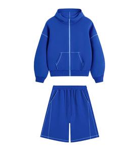 Ensemble de survêtement français épais et ample 2 pièces : sweat à capuche zippé et short, ensemble de détente surdimensionné assorti - Product Image 5