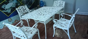 White Cast Metal Outdoor Dining Set Round <b>Table</b> with 4 Chairs Traditional Design Durable Garden Furniture for Patio <b>Balcony</b> - Product Image 2