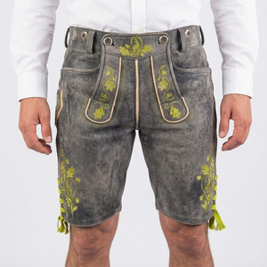 Lederhosen authentiques en cuir de chèvre suédé marron ombré style Trachten pour hommes, respirants, à motif écossais, avec fermeture boutonnée - Product Image 1