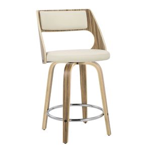 Sgabello da Bar Cecina 24 Pollici Stile Mid-Century Moderno, Altezza Fissa con Base Girevole in Legno Zebrano e Ecopelle Crema, Finitura Cromata - Product Image 2