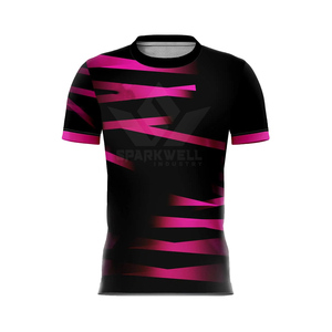 Custom Men's Soccer Jersey Black <b>Pink</b> Striped Sublimated Print Moisture Wicking Short Sleeve Crew Neck Athletic Fit - Product Image 3