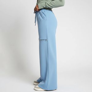 Pantalon de survêtement ample bleu ciel pour femme avec fermeture éclair au genou, taille élastique à cordon, coupe décontractée, confortable pour la détente - Product Image 3