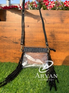 New Designer Hand Tooled Cow Leather Clear PVC Crossbody <b>Purse</b> Western Style Transparent Shoulder <b>Long</b> Fringe Bag for Women's - Product Image 1