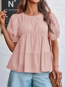 Womens Puff Sleeve Peplum Babydoll <b>Tops</b> Summer Flowy Pleated Cotton T-Shirts Casual Loose Fit Cute Blouse - Product Image 4