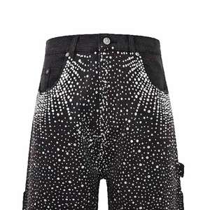 Shorts en jean noir pour homme, personnalisés, de haute qualité, avec strass, style streetwear, ourlet déchiré, OEM - Product Image 6