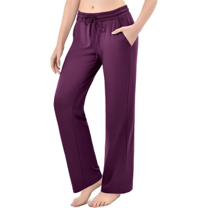 Pantalon pour femme violet à jambes larges, taille élastique avec cordon de serrage, coupe ample, longueur complète, pantalon de jogging décontracté avec poches, couleur unie - Product Image 2