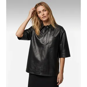 Chemise en cuir noir, chemise en similicuir pour hommes, chemise en cuir oversize, haut en cuir unisexe, chemise en cuir à demi-manches, streetwear - Product Image 1