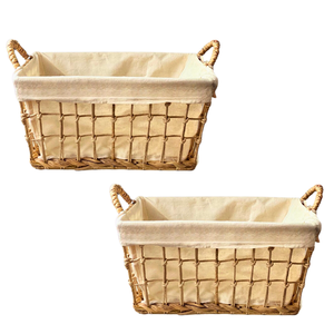 Panier de rangement en jacinthe d'eau, jonc de mer, rotin et bambou avec doublure en coton et structure métallique - Product Image 1