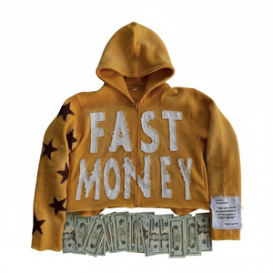 เสื้อฮู้ดซิปปักลาย Fast Money ทรงโอเวอร์ไซส์ ผ้าฝ้าย สตรีทแวร์ ลายดาวสีเหลือง หลากสี สำหรับผู้ชาย - Product Image 5