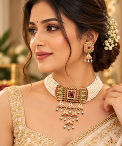 Conjunto de Collar Jadau de Latón Chapado en Oro con Circonitas y Perlas de Imitación, Estilo Indio, para Mujer, Joyería Étnica India para Bodas, Compromisos y Fiestas - Product Image 2