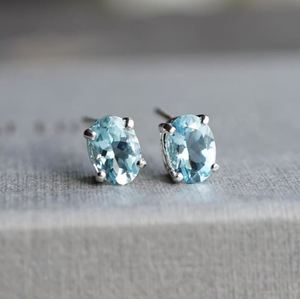 Natural Aquamarine <b>Stud</b> Earrings Oval 925 Sterling <b>Silver</b> Gold Plated Luxury Children's March Birthstone Jewelry - Product Image 1