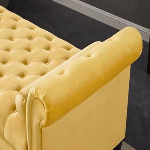 Panca Rettangolare in Velluto con Gambe in Legno Massello Giallo e Cuscini Cilindrici Integrati per Soggiorno - Product Image 5