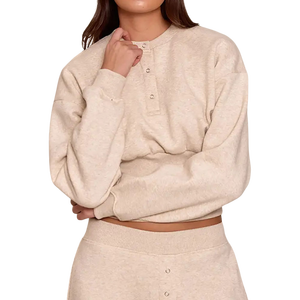 High Quality Beige Women's Professional Solid <b>Knitted</b> Sweatshirt & Wide Leg Pants <b>Set</b> Breathable Button Up Crop Top & Pants <b>Set</b> - Product Image 5