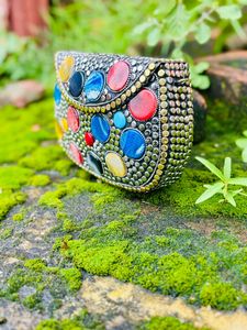 Handcrafted Vintage Storage Bag Boho Green Stone & <b>Silver</b> Brass Beaded <b>Clutch</b> Bag Handmade Embellished Metal Evening Party Purse - Product Image 4