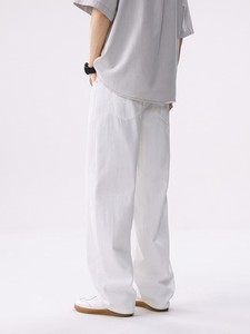 <b>Men's</b> <b>White</b> Cotton Oxford Casual Pants Straight Fit Mid Waist Button Closure Lightweight Breathable Summer Wear - Product Image 5
