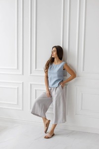 Pantalon large en lin pour femme, taille haute, coupe courte, décontracté, pour l'été – Vêtements personnalisés pour femme en gros - Product Image 2
