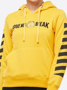 Women Yellow Hooded Sweatshirt With Letter Print And Striped Sleeves Regular Fit Breathable Cotton Autumn Wear - Product Image 3