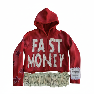 เสื้อฮู้ดซิปปักลาย Fast Money ทรงโอเวอร์ไซส์ ผ้าฝ้าย สตรีทแวร์ ลายดาวสีเหลือง หลากสี สำหรับผู้ชาย - Product Image 2