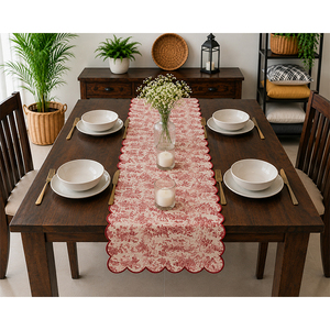 Camino de Mesa Rojo con Borde Festoneado de Algodón Floral para Decoración de Mesa de Comedor con Borde de Flecos para Decoración del Hogar - Product Image 1