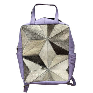 Handmade Genuine Leather Backpack Lavender Purple Cowhide Hair-on <b>Patchwork</b> Rucksack Geometric Pattern Square Travel Daypack - Product Image 1