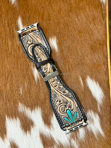 แฮนด์เมดออกแบบเองดอกไม้ตะวันตกเครื่องมือและหนังทาสีที่สวยงามเทอร์ควอยซ์แฟลร์นาฬิกาสายนาฬิกาหนังแท้สายนาฬิกา - Product Image 2