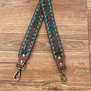 Hot Sale Antiqued Floral Scroll Tooled Leather Handbag Strap Custom Turquoise Buck Stitch Western Cowhide Replacement Shoulder - Product Image 2