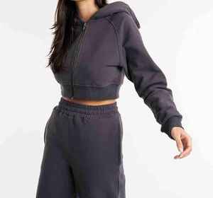Conjunto de Sudadera Corta con Capucha Gris Oscuro para Mujer y Pantalones Acampanados a Juego, Chándal Casual de Corte Holgado con Bolsillos Laterales - Product Image 3