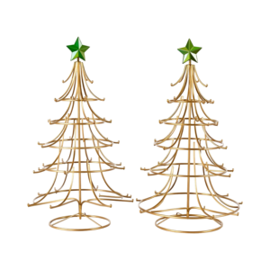 Juego de 2 Árboles de Navidad de Alambre Metálico Dorado, Decoración Festiva Moderna para Mesa con Adornos de Estrella Verde, Iluminación LED - Product Image 1