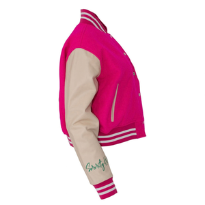 1908 Stacked Green Crop Leather Varsity Jacket Women Embroidered Letterman Bomber <b>Coat</b> Casual College Style Cropped Fashion - Product Image 4