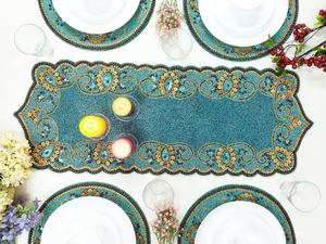 Camino de Mesa Bordado a Mano, Diseño Vintage Rectangular en Azul y Dorado, Tapete Decorativo para Mesa de Comedor - Product Image 2