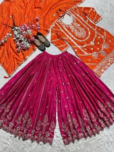 Ensemble de costume en satin de soie brodé orange pour femmes, avec lehenga et dupatta à fleurs roses - Product Image 4