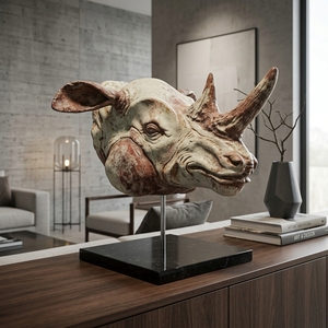 Sculpture de tête de rhinocéros en bois sur support en métal, style rustique tribal, objet décoratif de table, accent de décoration intérieure - Product Image 2