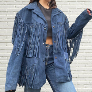 Premium Blue Genuine <b>Suede</b> <b>Leather</b> Women Fringe <b>Jacket</b> Loose Fit Regular Length Button Closure <b>Jacket</b> Customization Available - Product Image 5