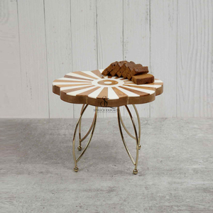 Flower Shape Wood Resin Cake Stand Stripe Inlay Sunburst Dessert Display Platter With Gold Metal Legs For Party Decoration - Product Image 1