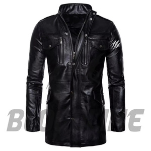 Men's Black PU <b>Leather</b> Moto <b>Jacket</b> Slim Fit Stand Collar Zipper Closure <b>Long</b> Sleeve Solid Color Autumn Wear - Product Image 3