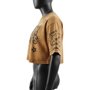 Women Crop <b>Top</b> T Shirt Premium GSM Cotton Jersey Vintage Wash Hotfix <b>Rhinestone</b> Logo Crop Tee Breathable Women Crop <b>Top</b> T Shirt - Product Image 3