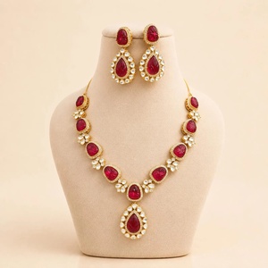 <b>Ruby</b> Hand Carved Gold Plated Brass Bridal Jewelry Set Traditional Indian Wedding Party Wear Statement <b>Necklace</b> IGI Certified - Product Image 1