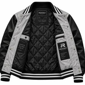 Veste de sport en satin pour homme, noire et grise, fermeture à boutons, style sportif, coupe-vent d'automne, design à patchs - Product Image 4