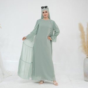 Brown Long Sleeve Modest <b>Abaya</b> With Tiered Hem And Belt For <b>Women</b> Floor Length Solid Color Lightweight Daily Wear Dress - Product Image 1