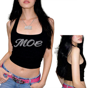 Custom Logo Summer Ladies Cotton Ribbed Rhinestone Women's Crop Tank <b>Top</b> Crop Tank <b>Tops</b> Sleeveless Sparkly <b>Top</b> Women's shirts - Product Image 3
