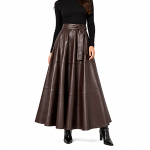 High Waist A-Line <b>PU</b> <b>Leather</b> <b>Skirt</b> With Belt Floor-Length Solid Color Elegant Women's <b>Skirt</b> - Product Image 3